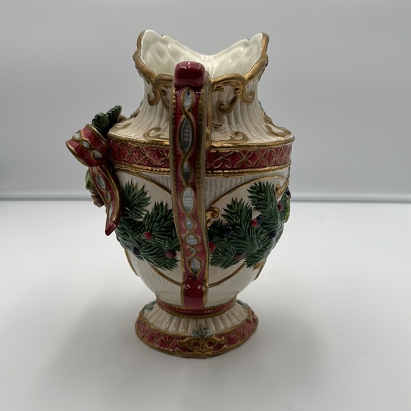 Fitz and Floyd Classic Christmas Pitcher with Bow Holly Berries and Pine Cones - Picture 2 of 16